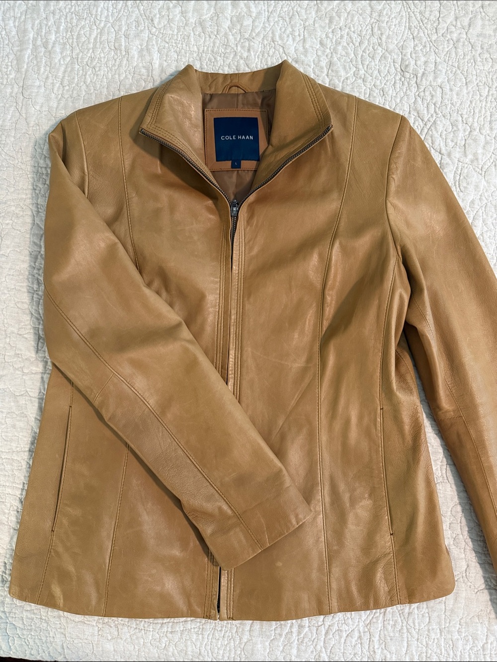 Cole Haan Women's Camel/Tan Leather Zip Jacket, Sz L